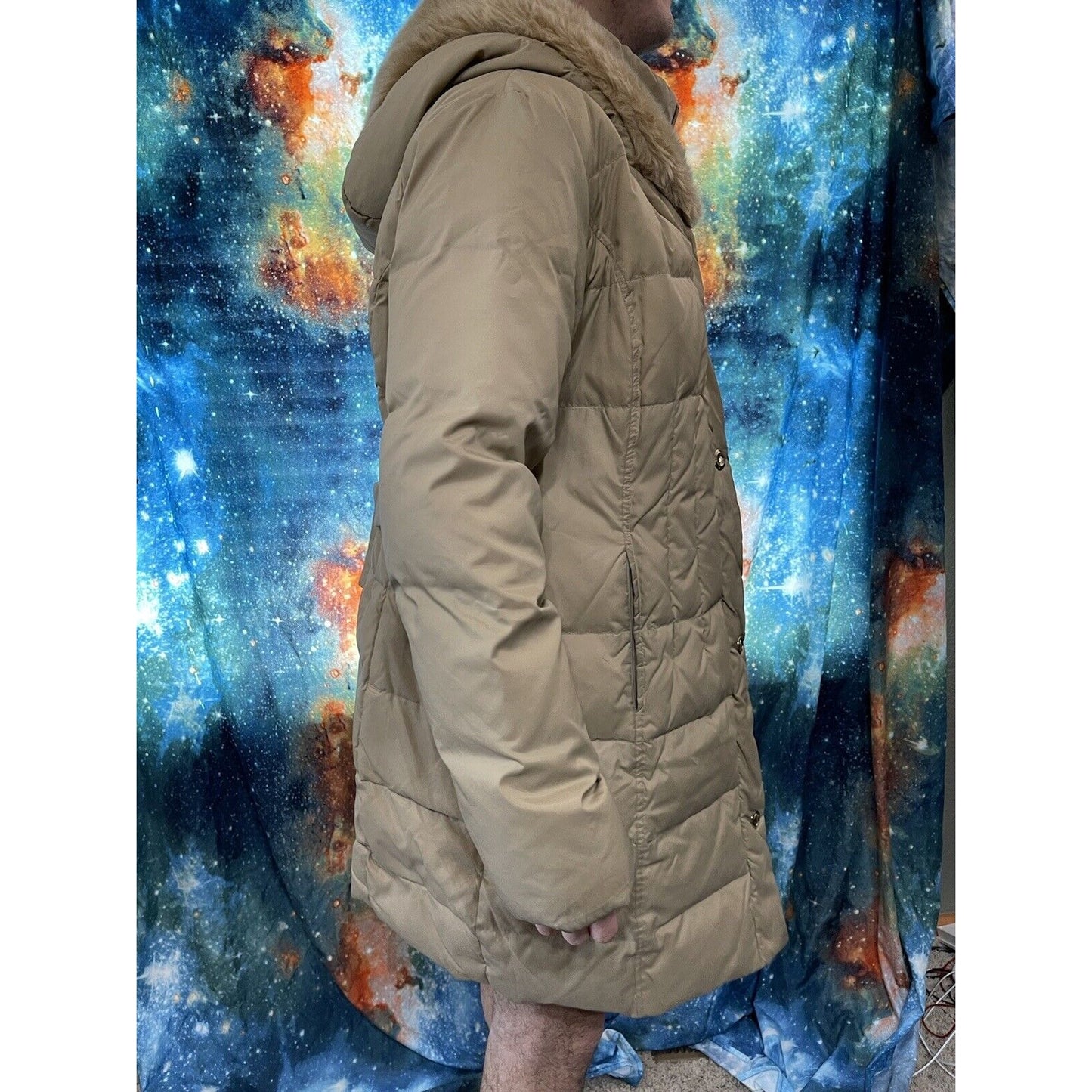 Larry Levin Women's Large Tan Puffy Snap jacket Down Faux Fur