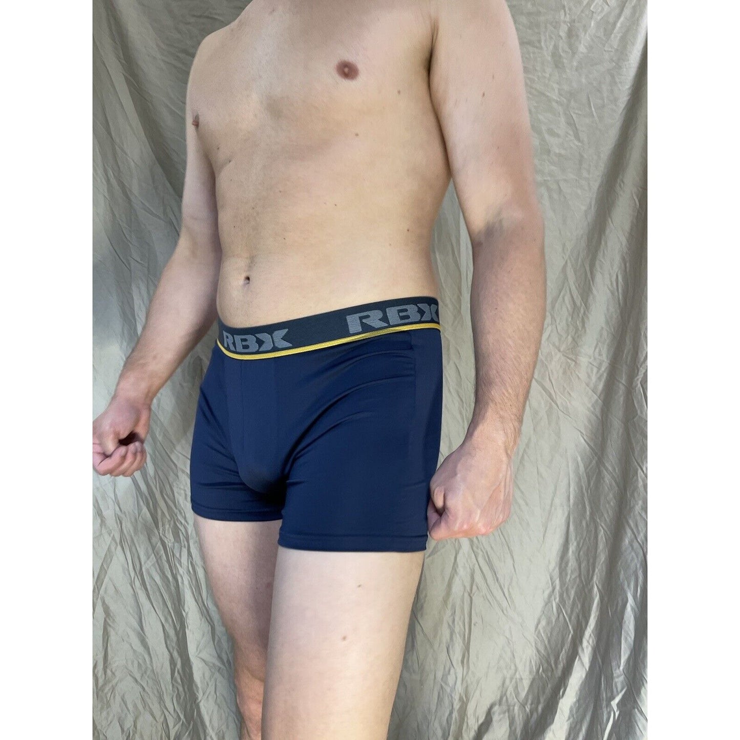 men's blue rbx compression boxer briefs yellow line on band Large