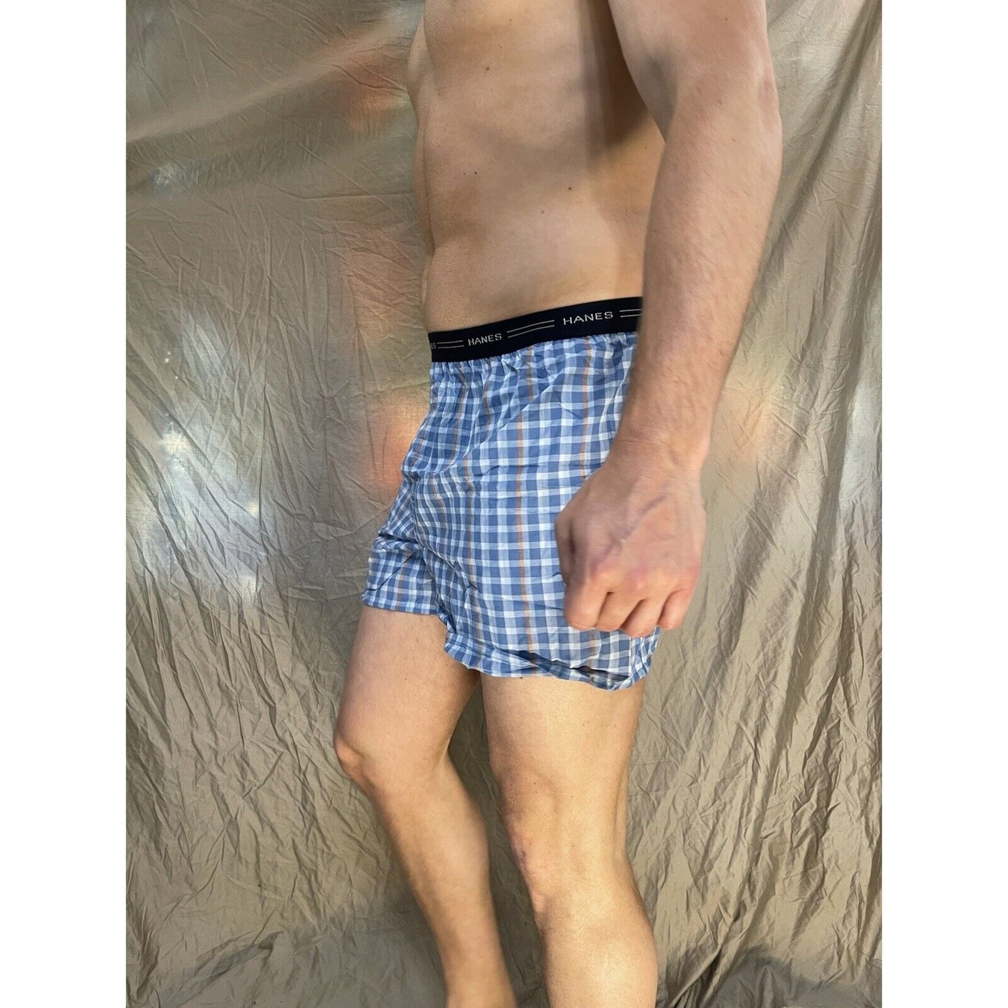 men's hanes blue plaid boxer shorts large confort flex