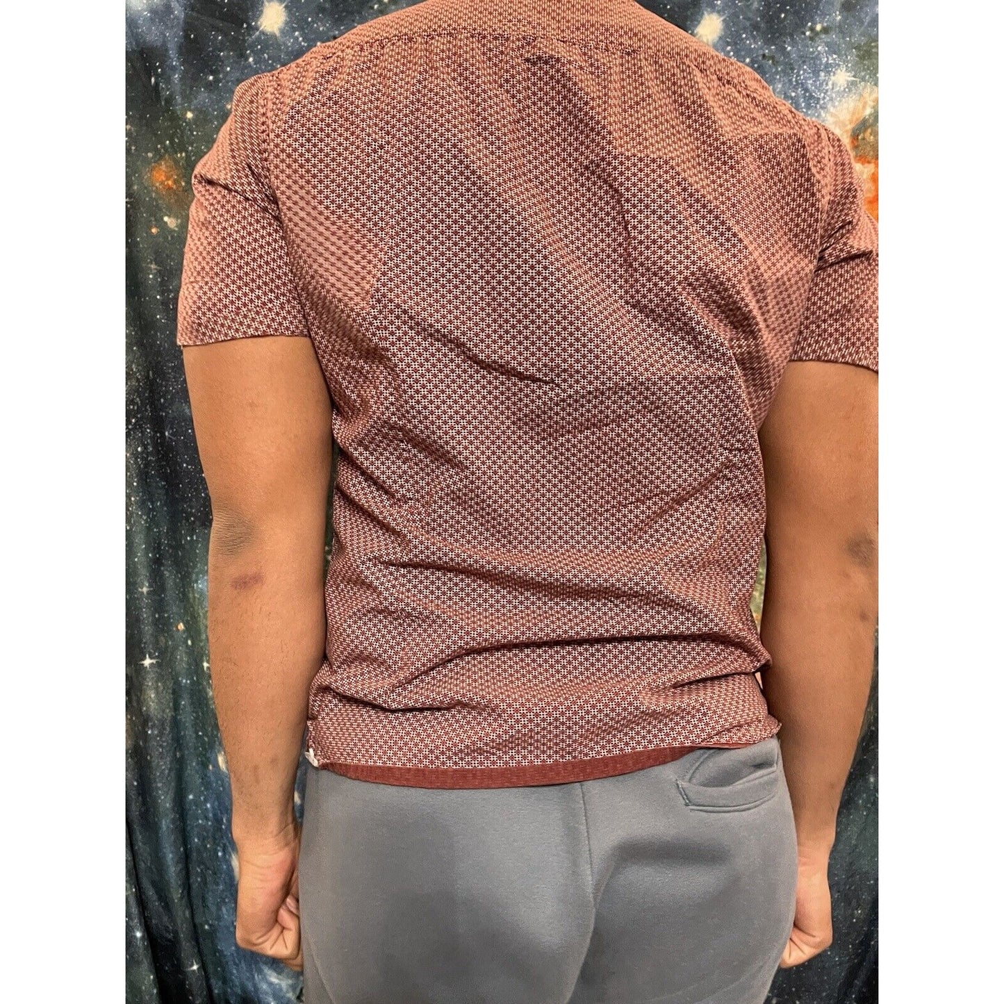Men’s Lon NYC maroon button up short sleeve first class goods shirt Small Fit