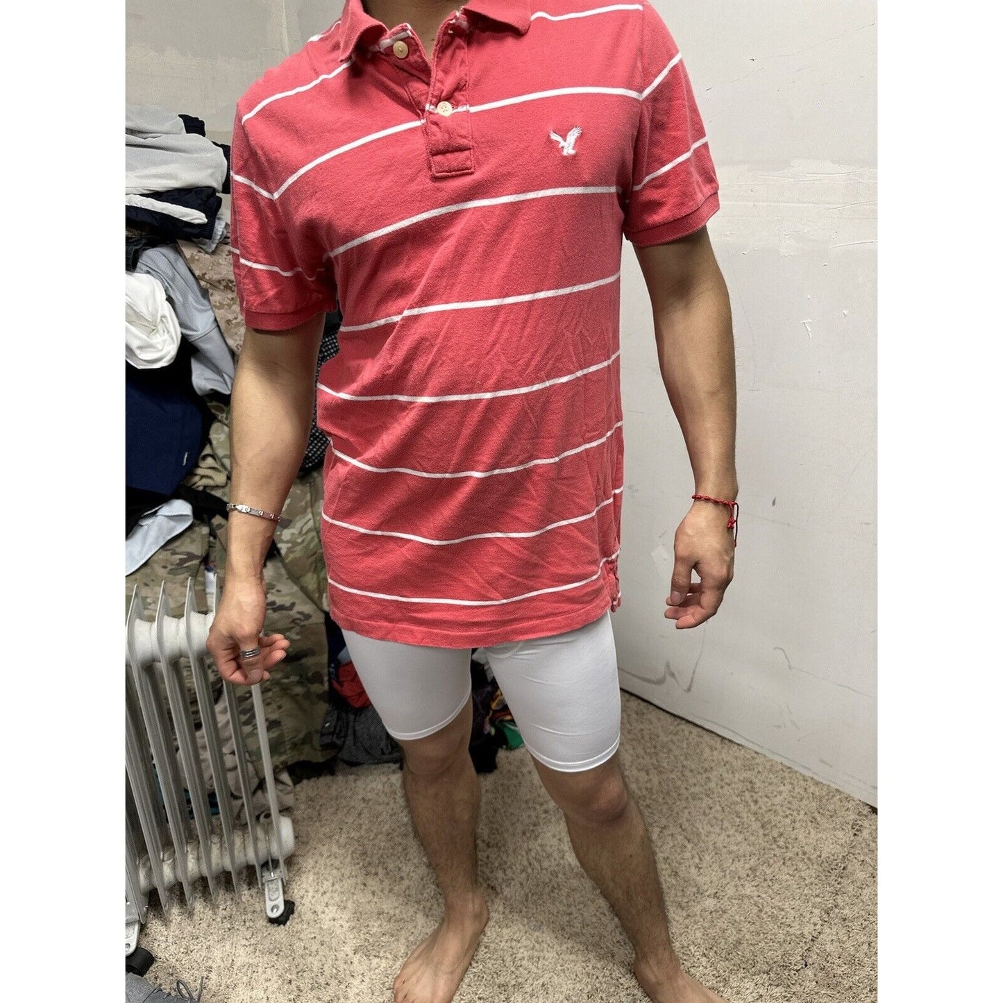 Men’s Vintage Fit American Eagle Polo Large Pink White Striped