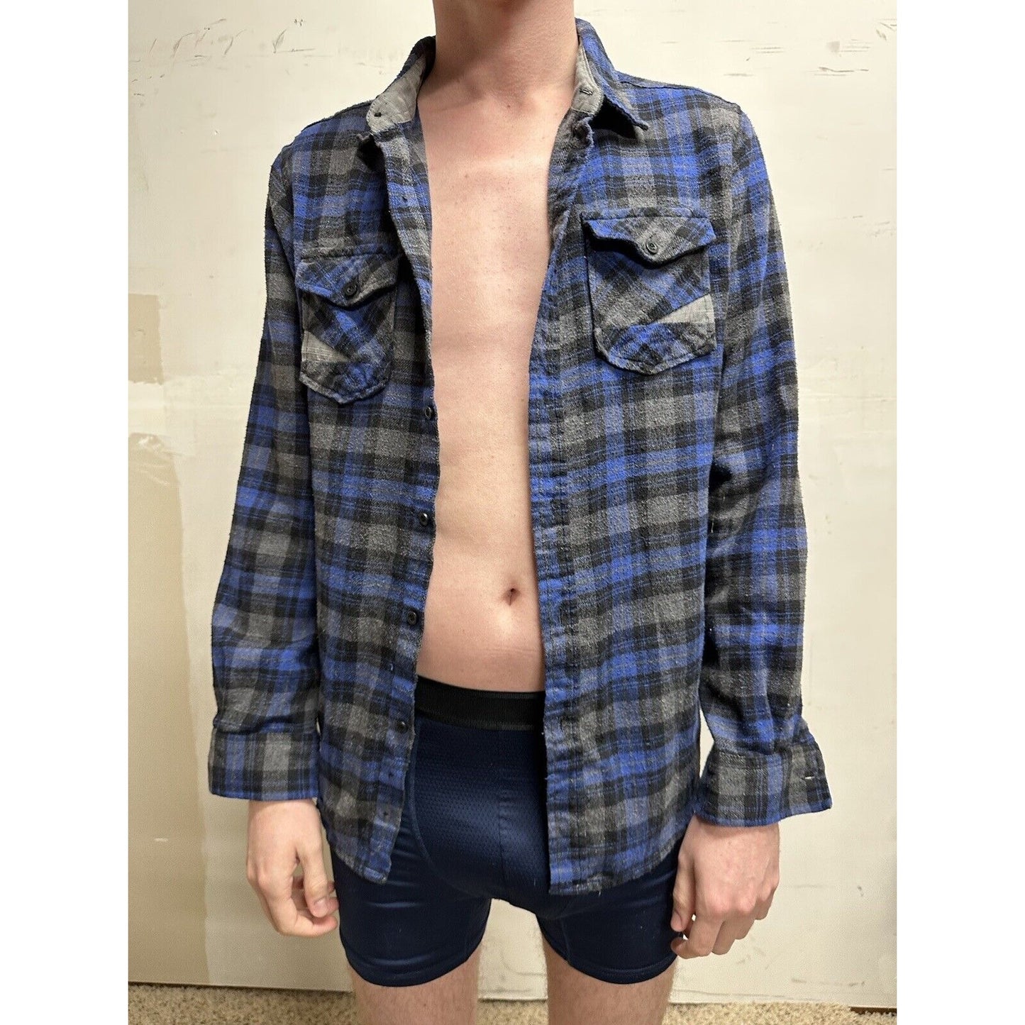 men’s blue gear medium blue plaid flannel shirt long sleeve button up