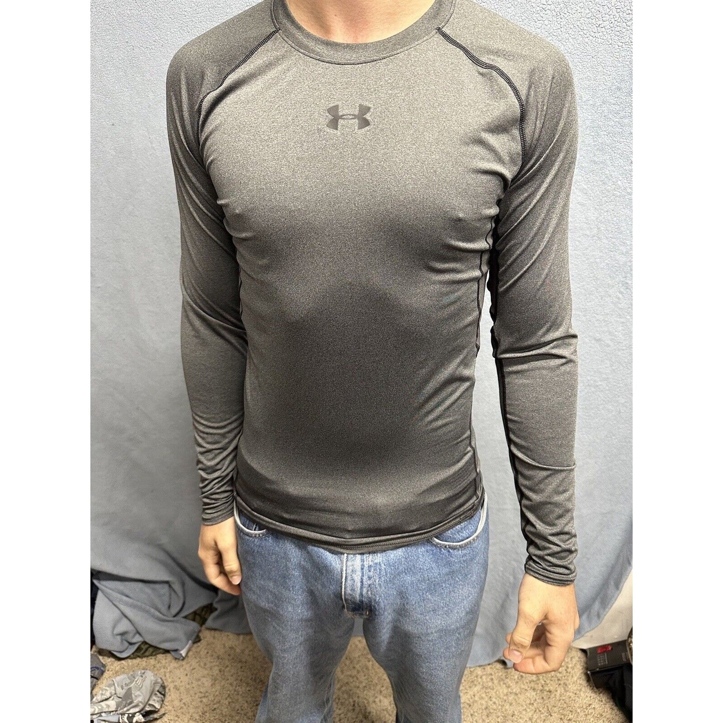 Men’s Large Gray Under Armour Compression Long Sleeve Pullover Shirt Athletic