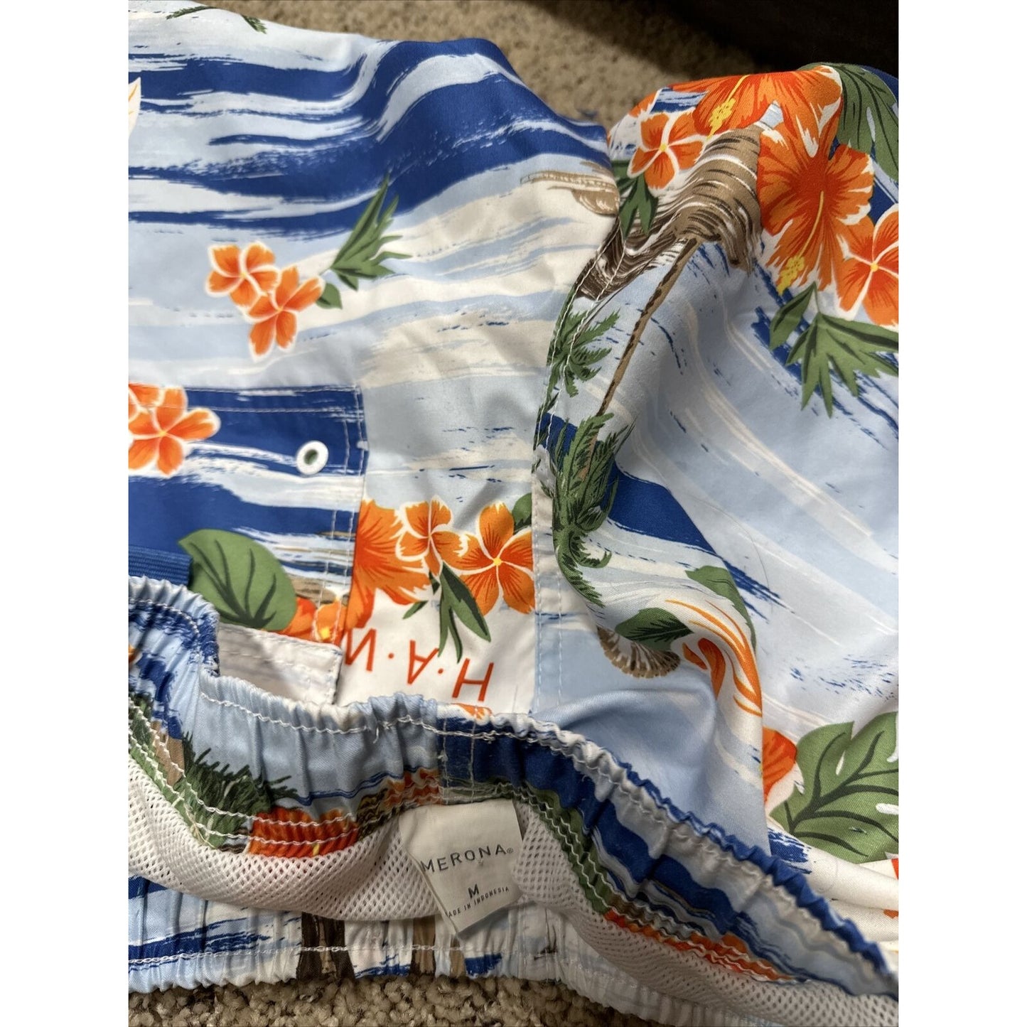 men’s merona medium hawaii bathing suit swim trunks blue