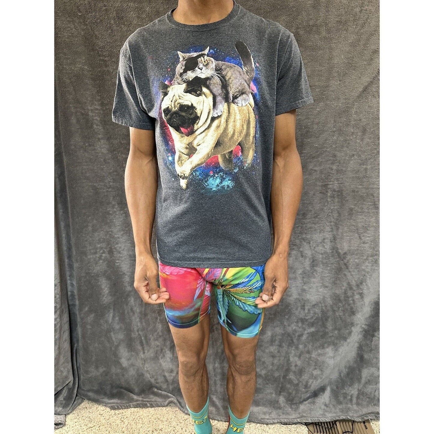 Men’s Gray Fifthsun Medium Tshirt Pug And Pirate Cat In Space