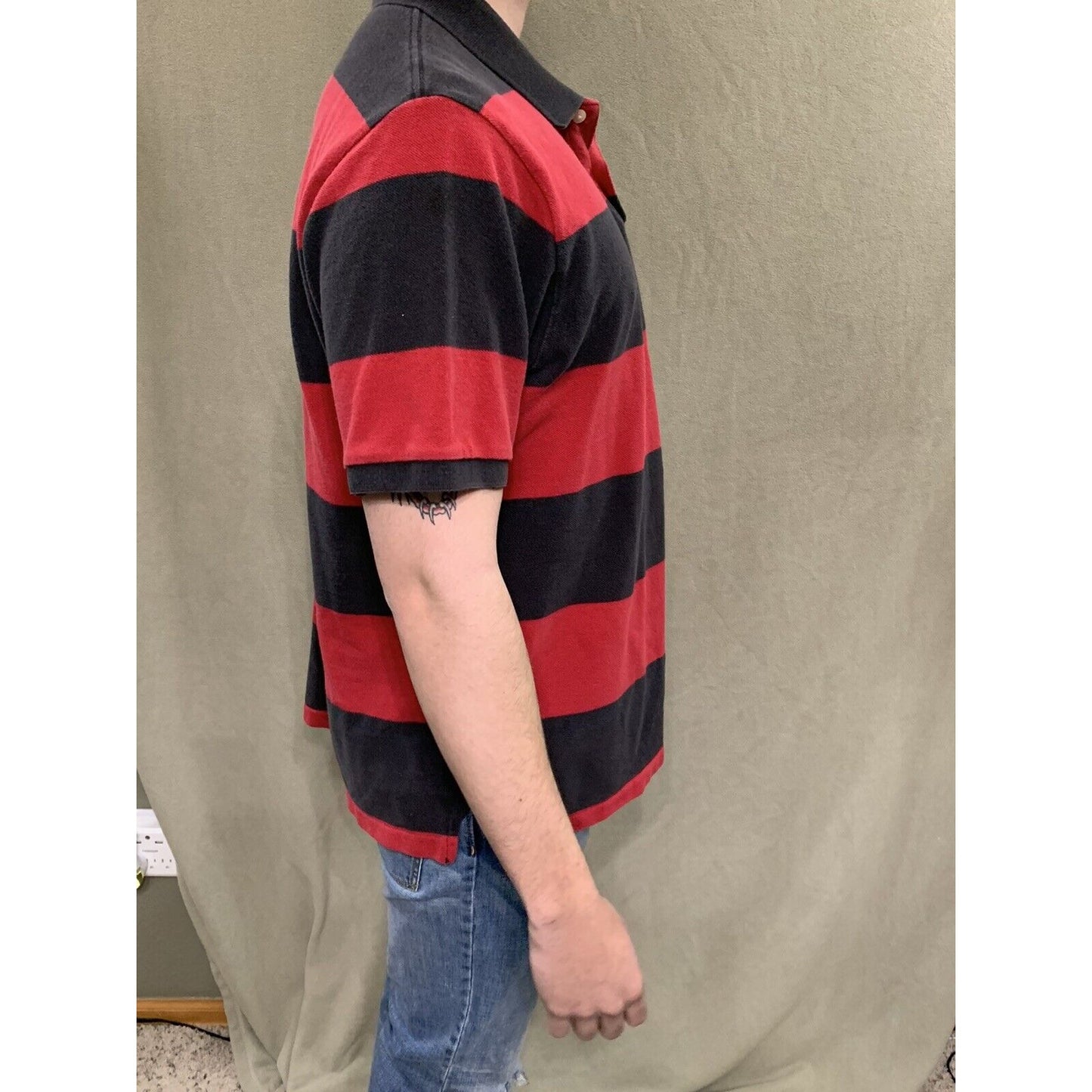 Mens American Eagle Logo Red & Black Striped Polo Short Sleeve Shirt Large