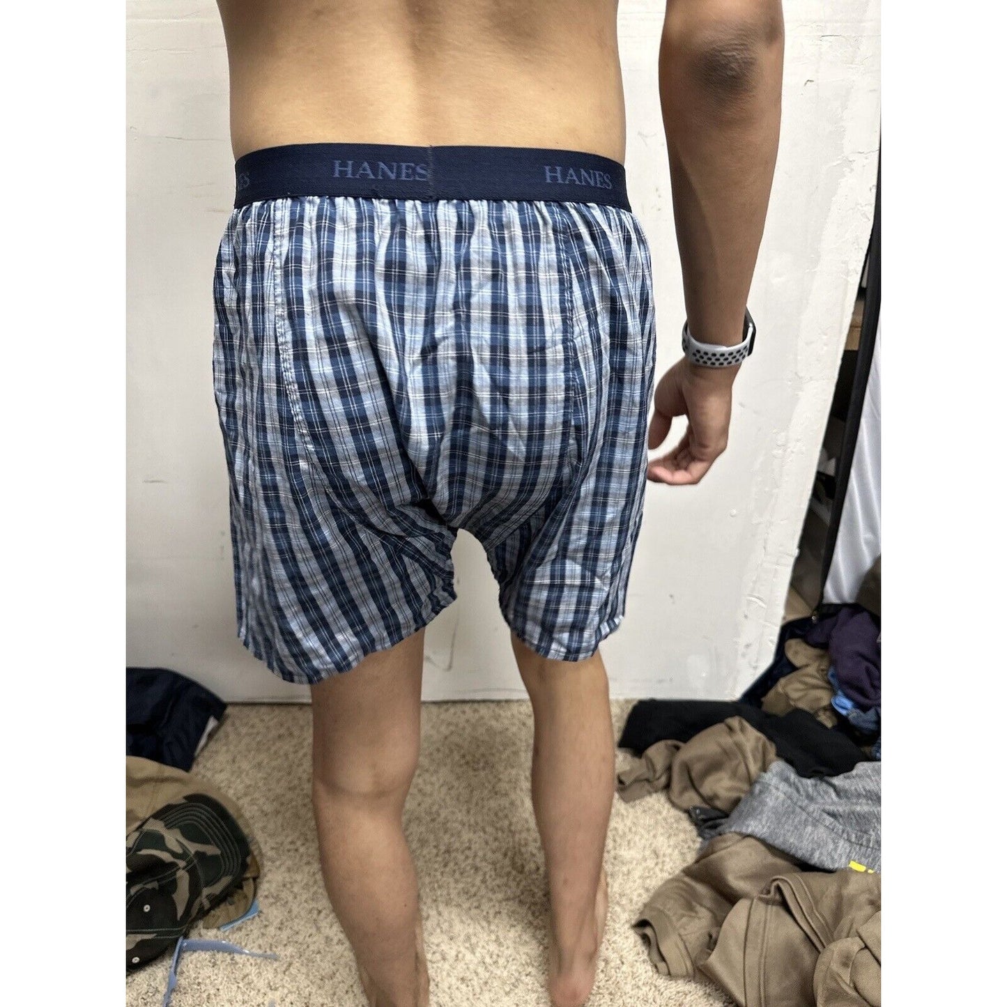 Men’s Hanes Blue Gray Plaid Medium Boxer Shorts Fruit Of The Loom