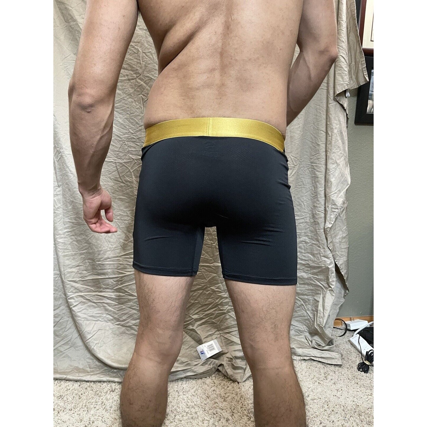 Men's black volcom polyester spandex compression boxer shorts gold band XL