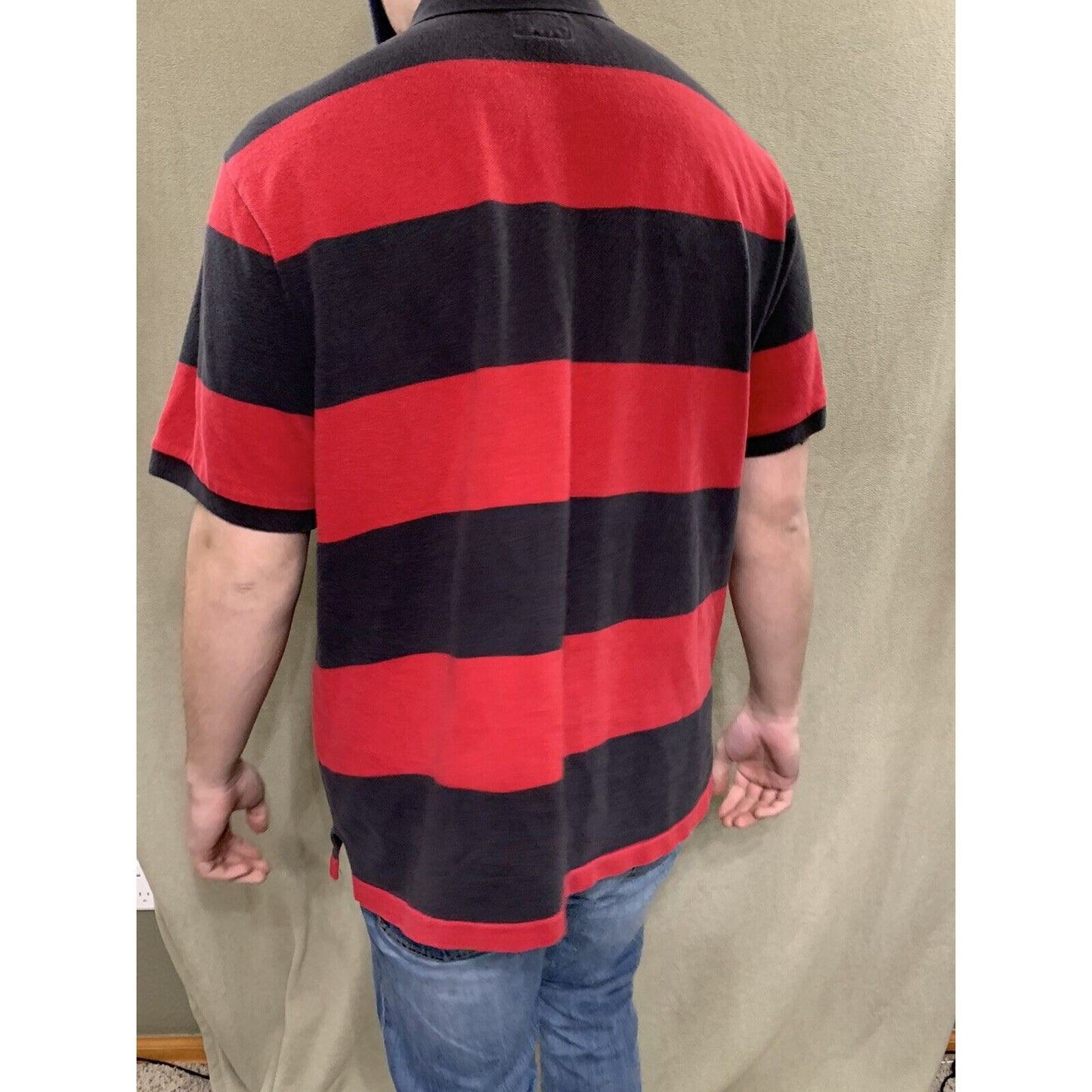 Mens American Eagle Logo Red & Black Striped Polo Short Sleeve Shirt Large
