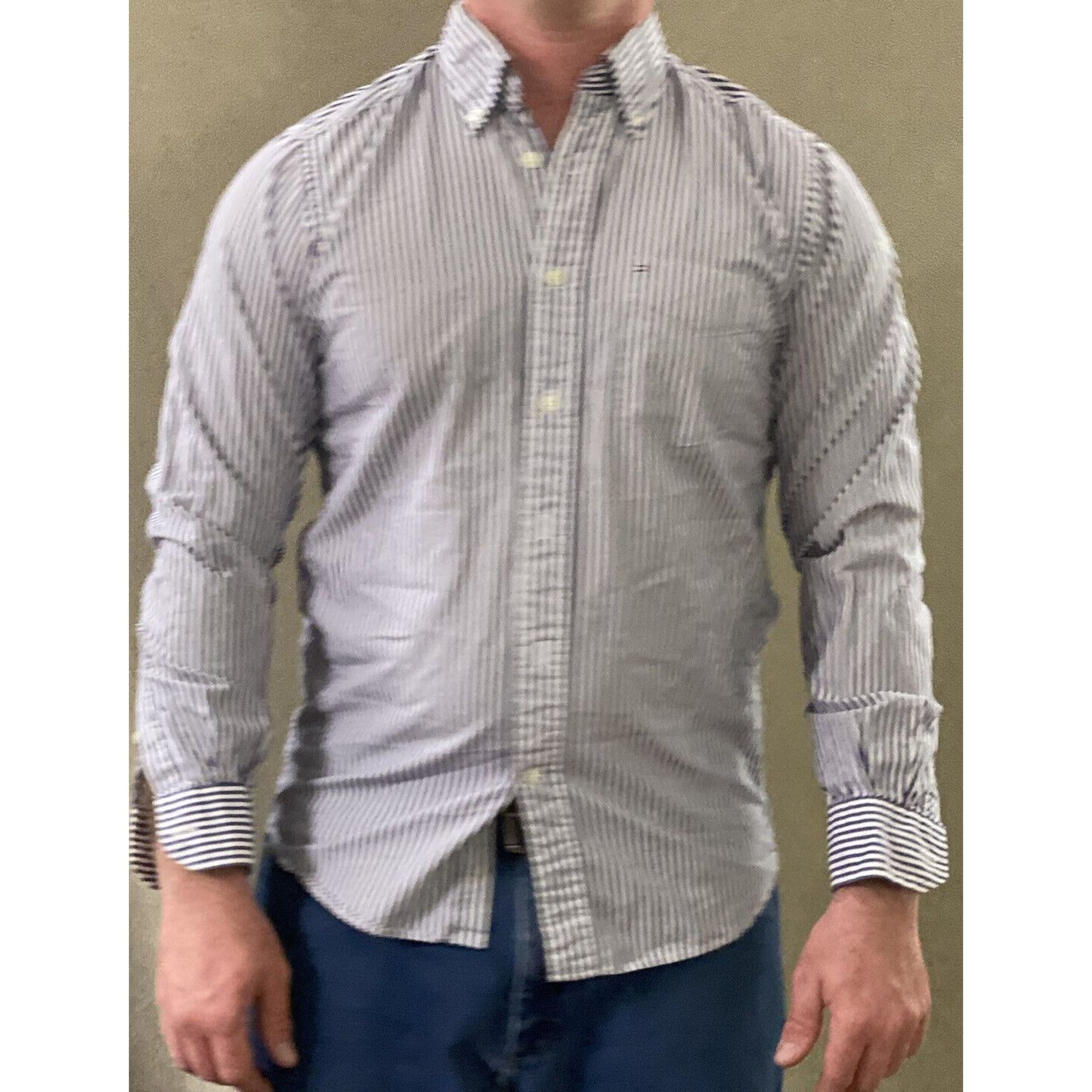Tommy Hilfiger Men’s Small Blue White Stripes Button-down Cotton Long Sleeves