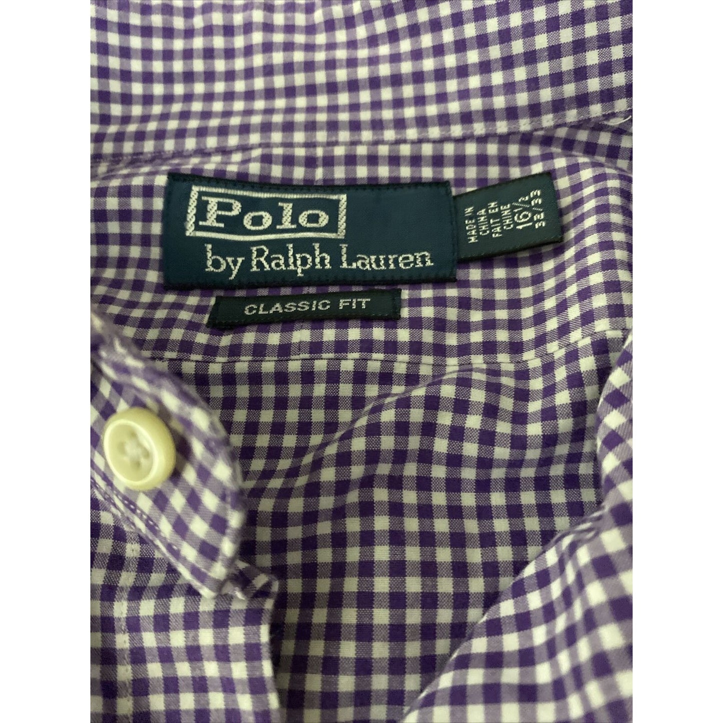 Polo Ralph Lauren Men’s Sz 16 1/2 Classic Fit Purple Gingham Plaid Long Sleeves