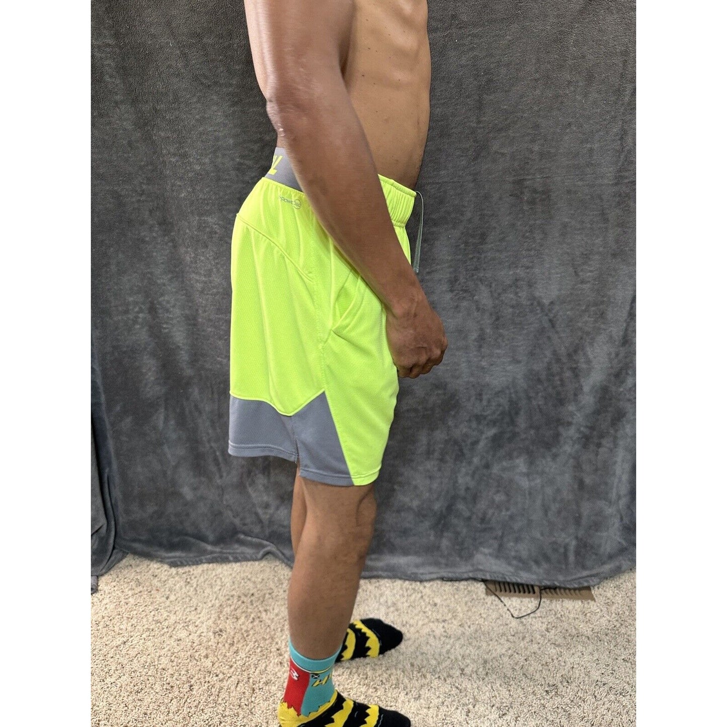 Men’s Neon Yellow Russell Athletic Shorts Zippered Pockets Medium