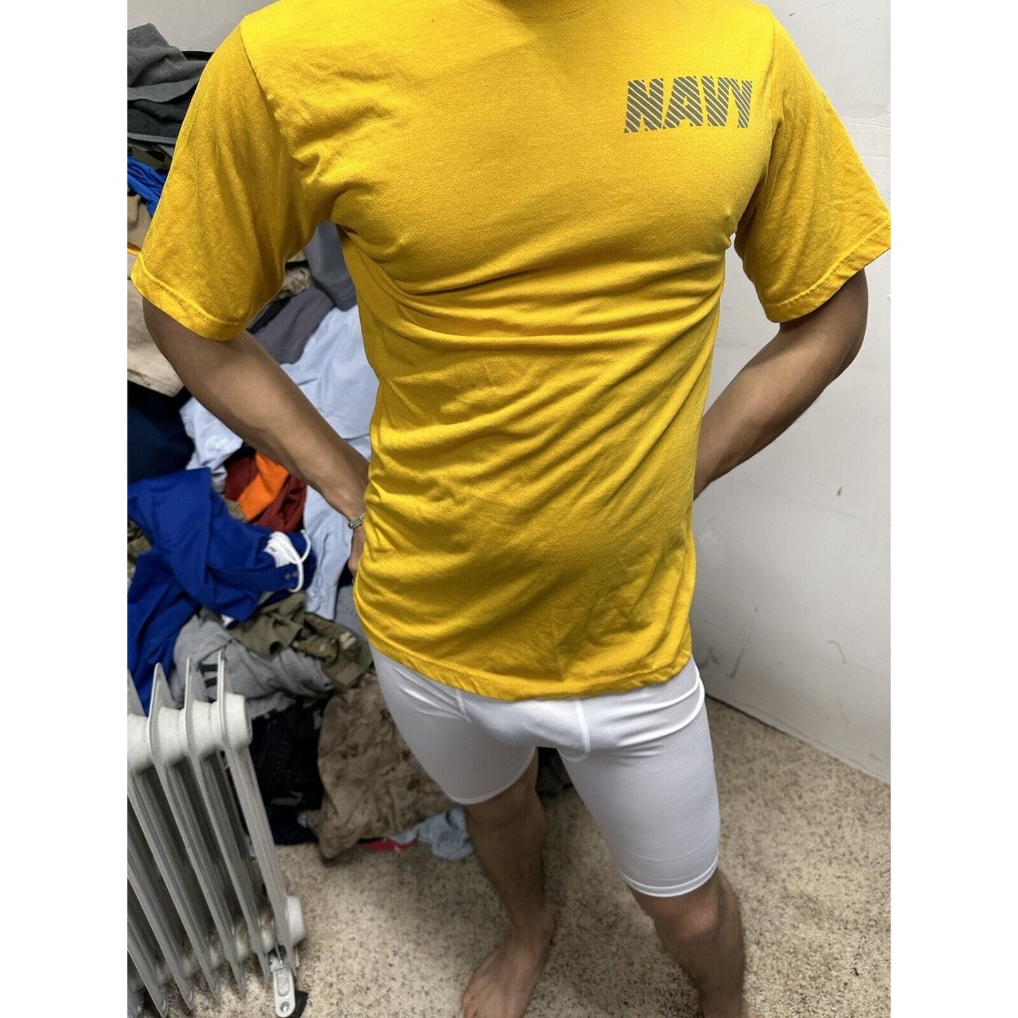 Men’s US Navy Small Yellow PT Physical Fitness Uniform Shirt Short Sleeves
