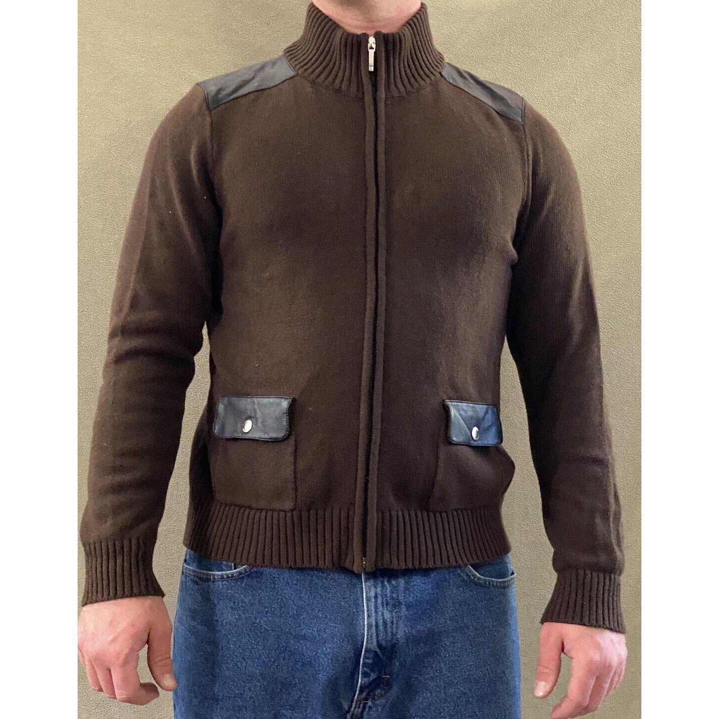 Chaps Men’s XL Chocolate Brown Full-zip Cotton Sweater w/ Black Leather Padding