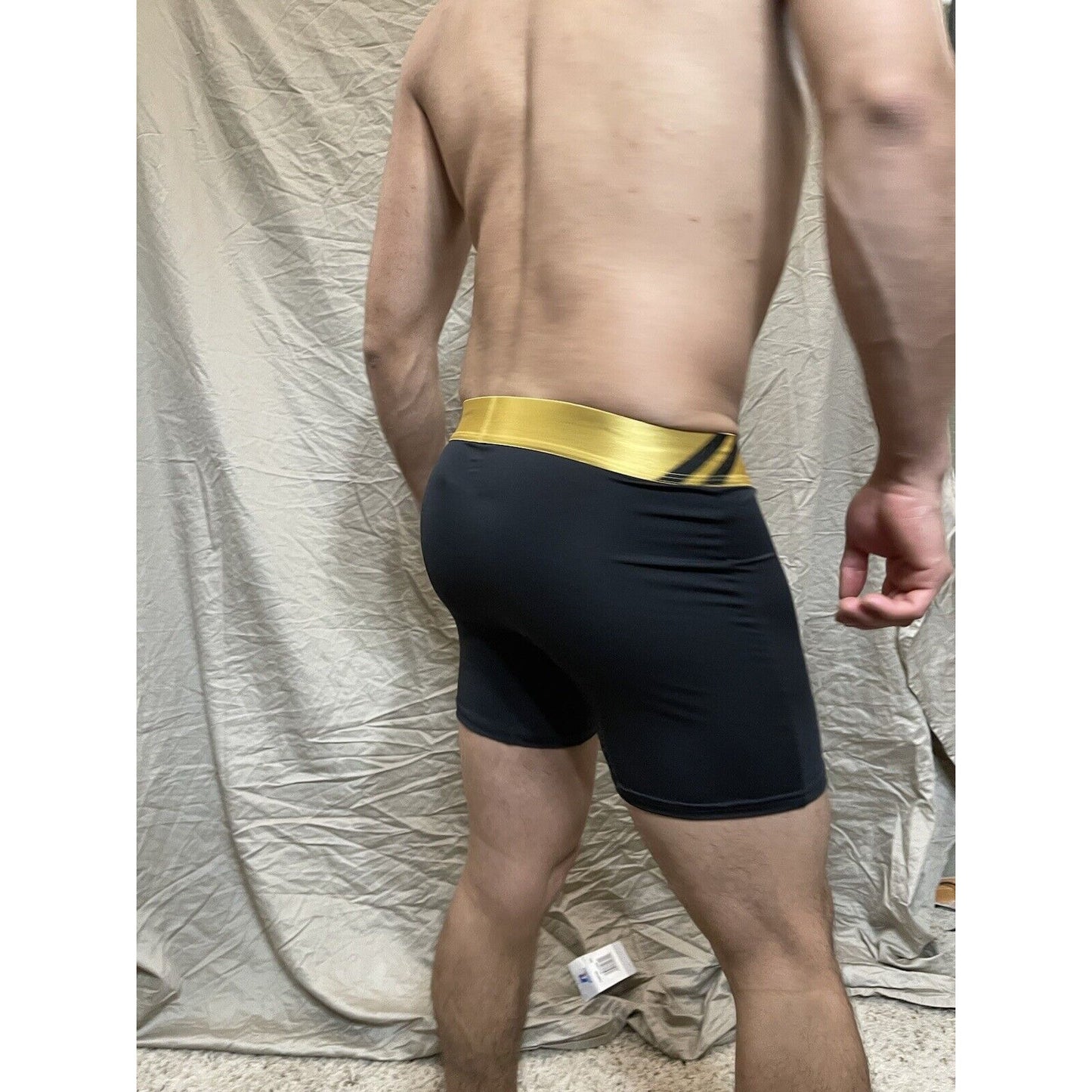 Men's black volcom polyester spandex compression boxer shorts gold band XL