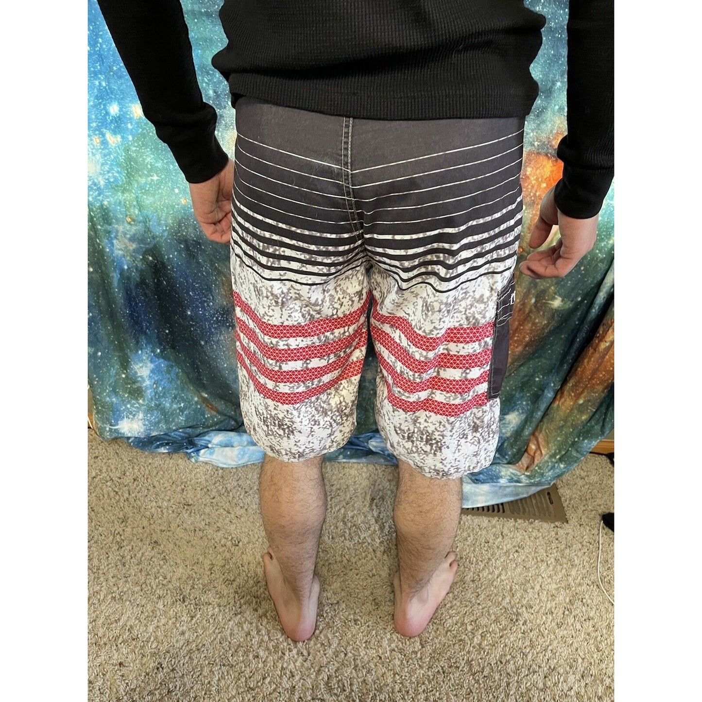 NONWE Mens Board Shorts Sz 30 Black Red Stripes Swim trunks