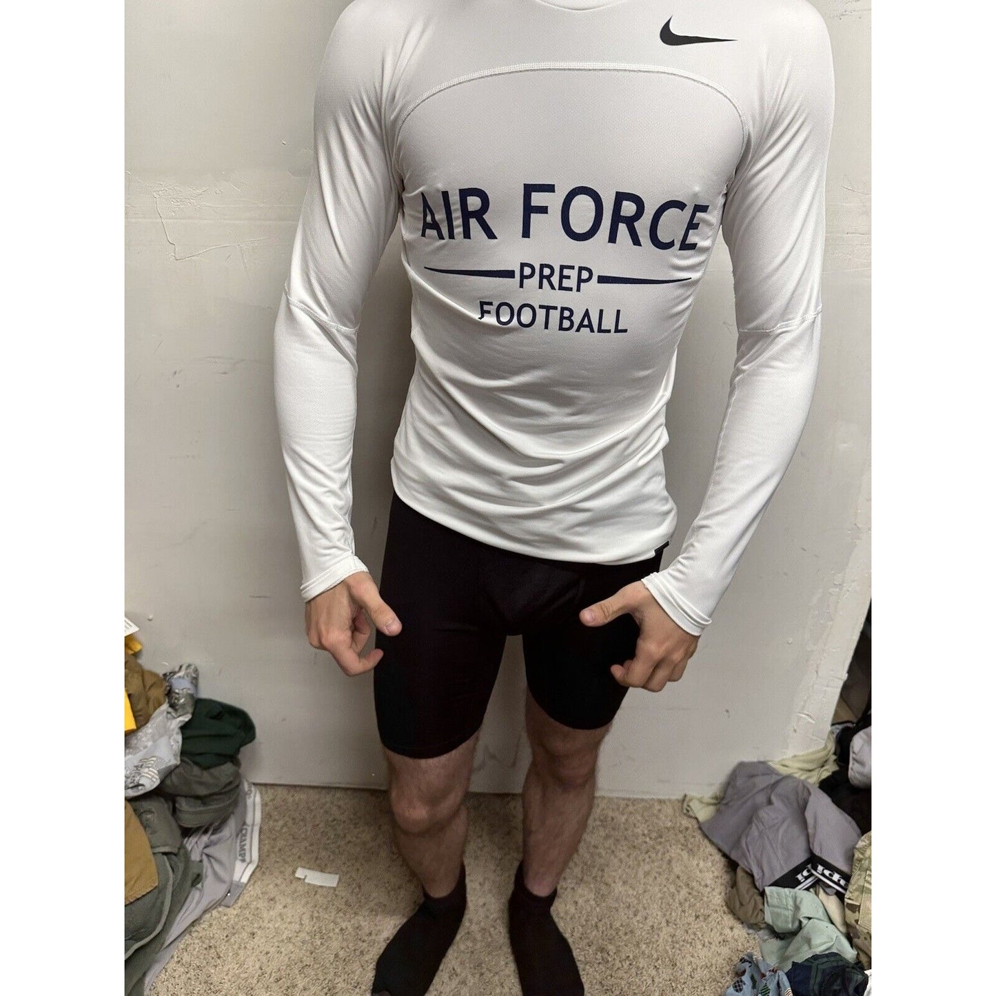 Men’s White Nike Pro Compression Hyper Warm Air Force Prep Football Shirt