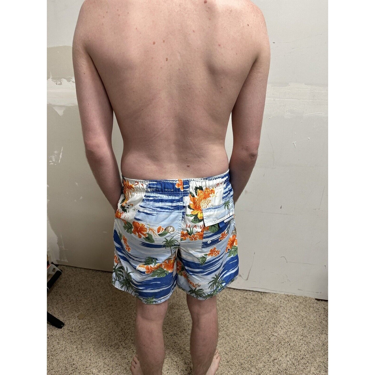men’s merona medium hawaii bathing suit swim trunks blue