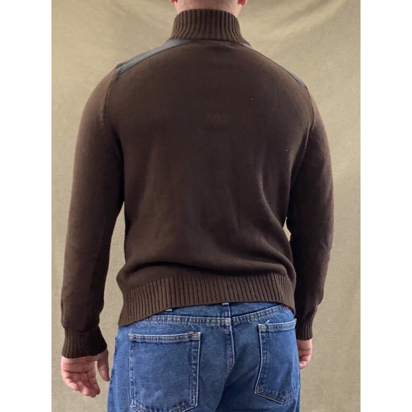 Chaps Men’s XL Chocolate Brown Full-zip Cotton Sweater w/ Black Leather Padding