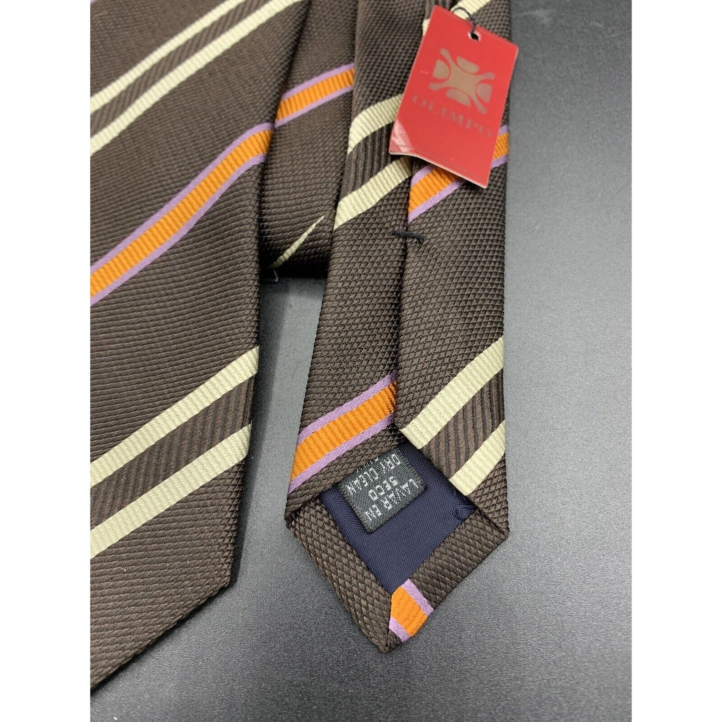 NWT Olimpo Tie Brown with Cream And Orange Pattern 100% Silk Made in Spain