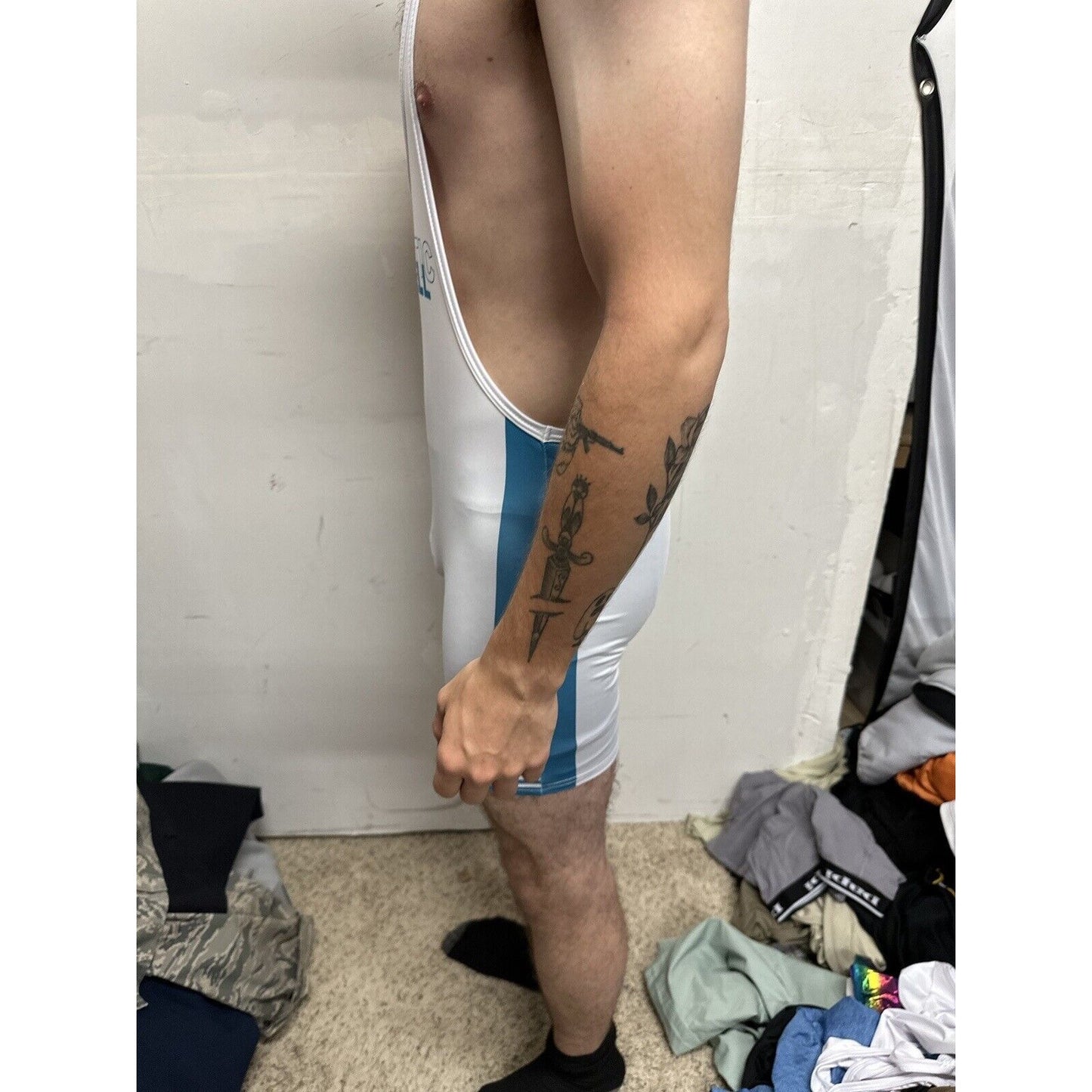Men’s Tauwell White And Aqua Wrestling Singlet Large