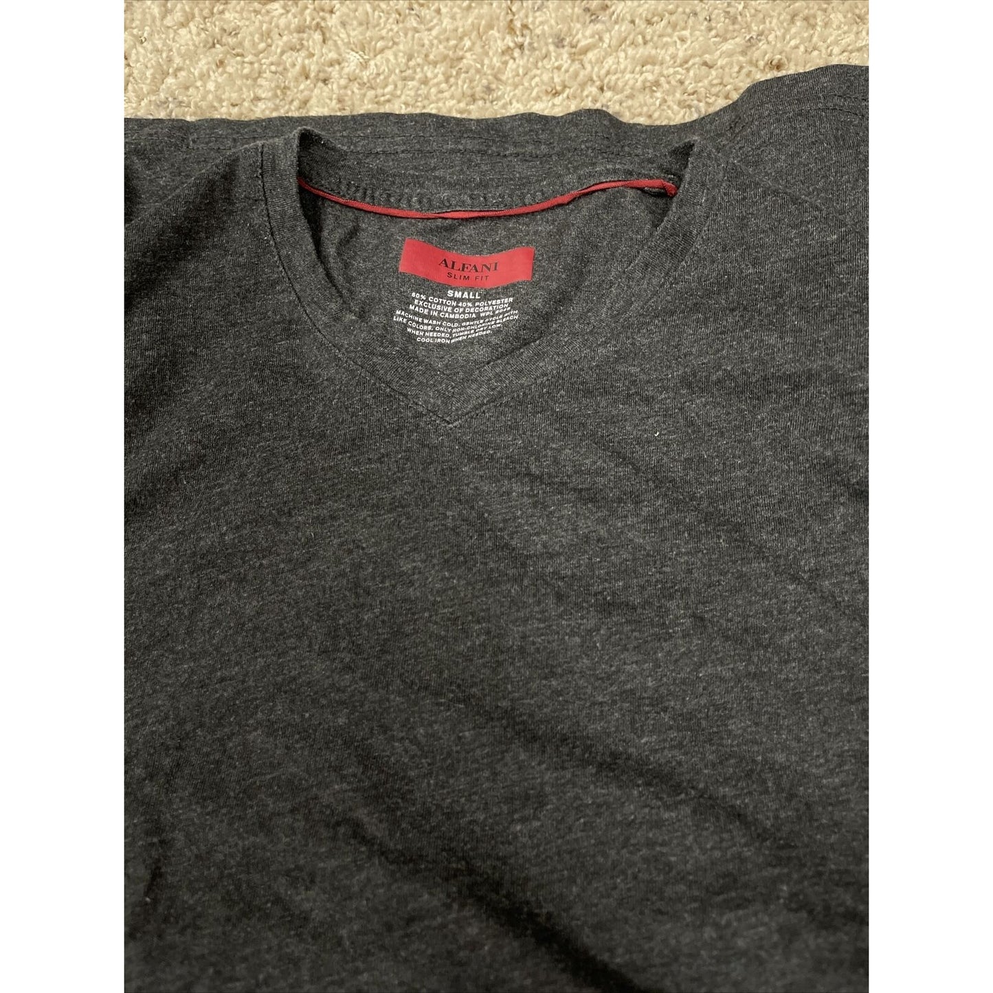 Alfani Men's Slim Fit Tee Shirt Small Cotton Polyester Charcoal Gray V-Neck