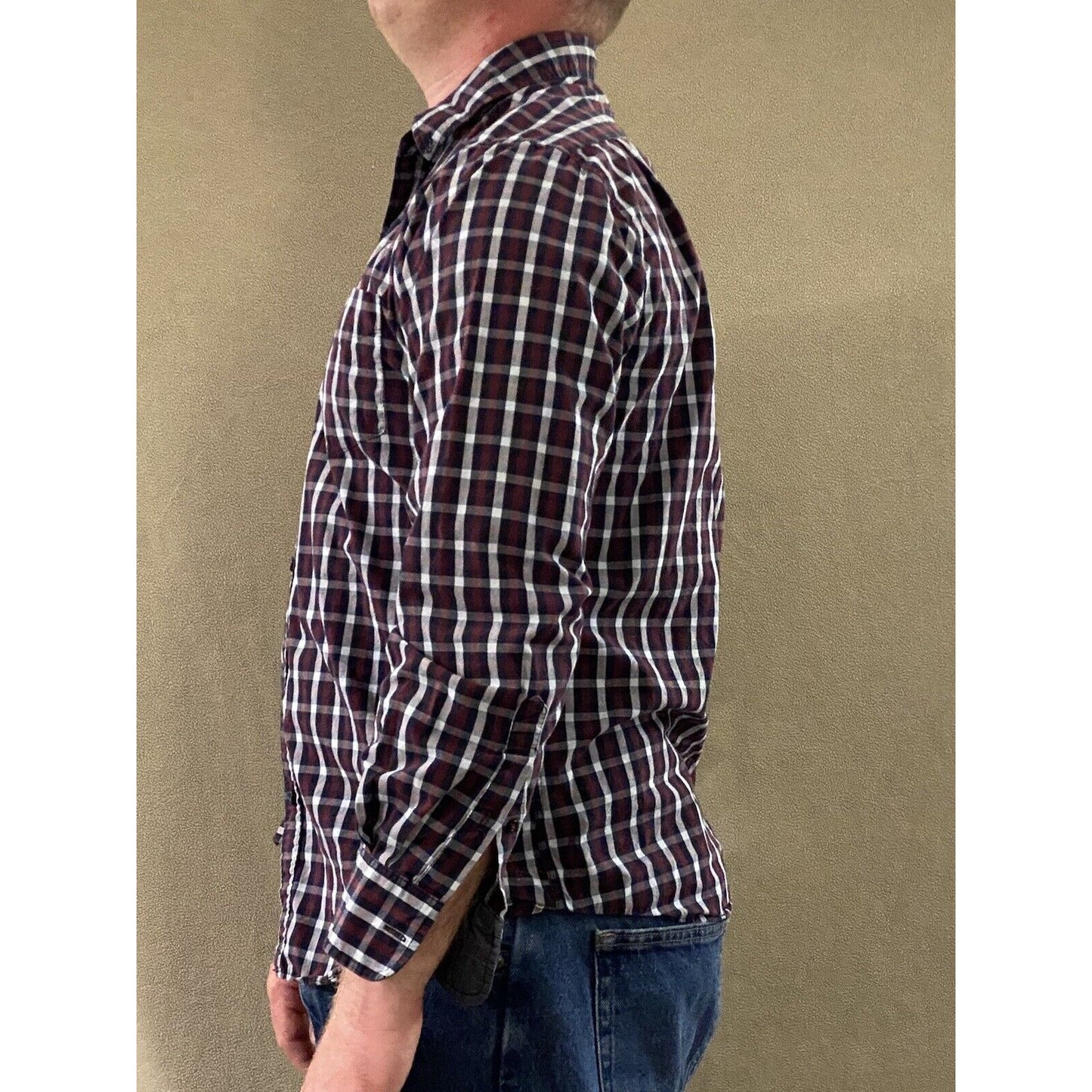 Beverly Hills Polo Club Mens Large White Red Black Plaid Button-down Long Sleeve