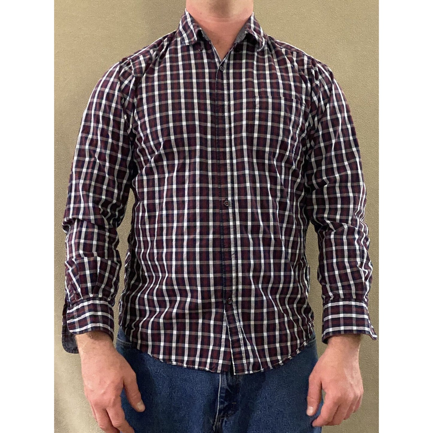 Beverly Hills Polo Club Mens Large White Red Black Plaid Button-down Long Sleeve
