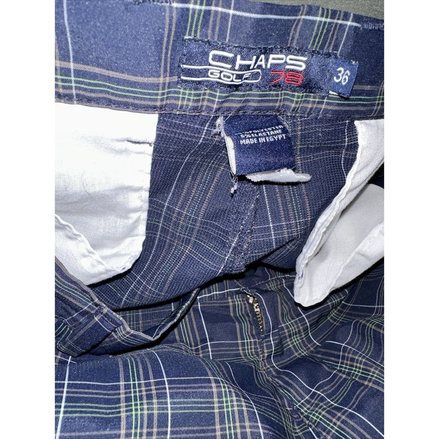 CHAPS Golf 78 Shorts Mens 36 Navy/Green/Grey Plaid Flat Front Stretch