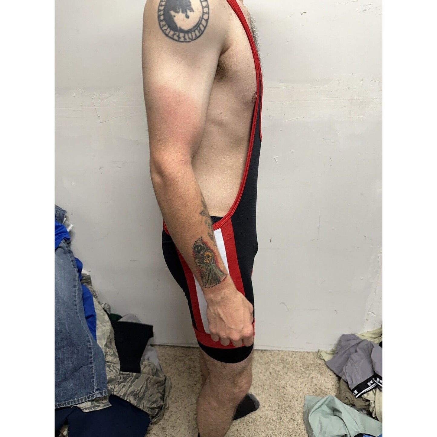 Men’s Tauwell Wrestling Singlet Black And Red With White Large