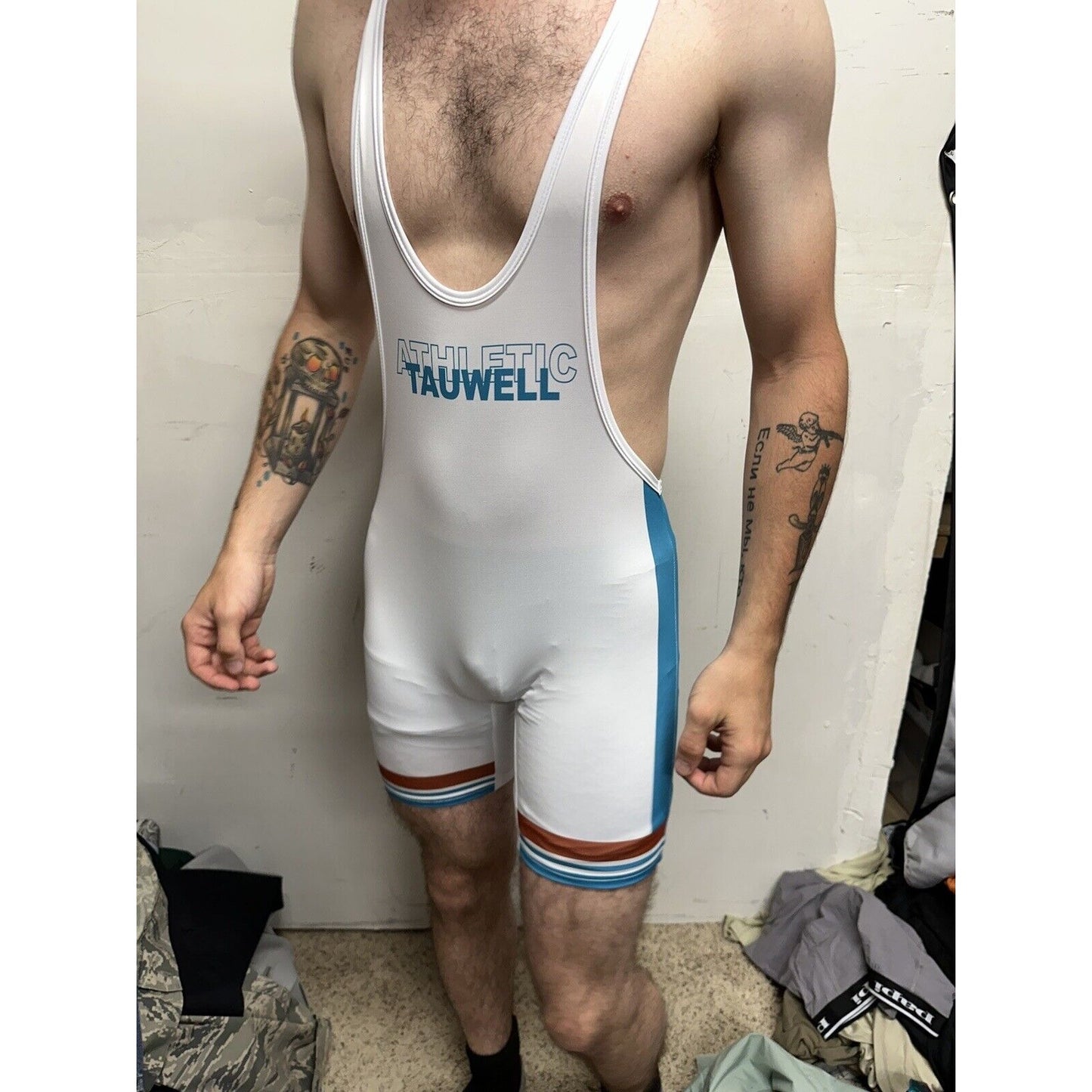 Men’s Tauwell White And Aqua Wrestling Singlet Large