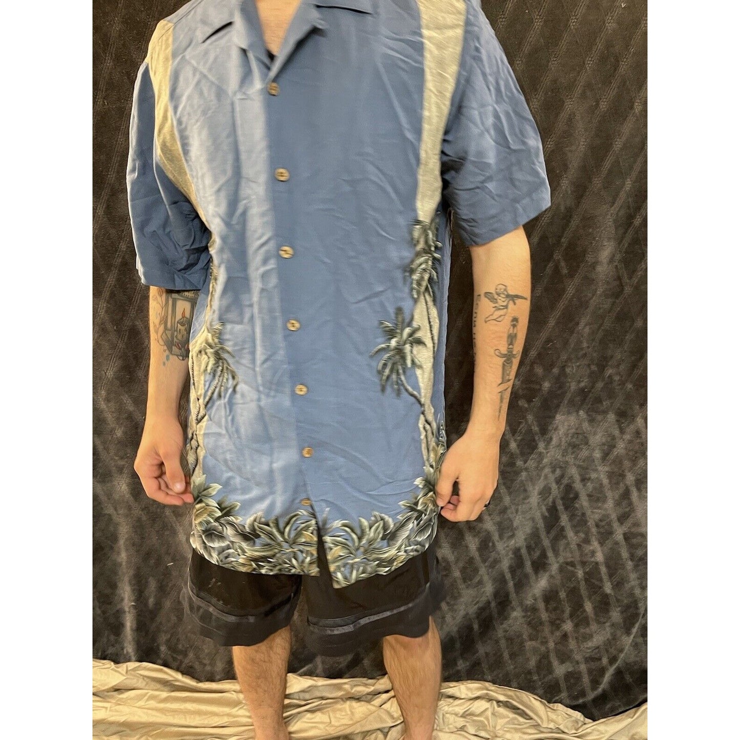 men’s LT large tall 100% rayon button up short sleeve shirt palm trees hawaiian