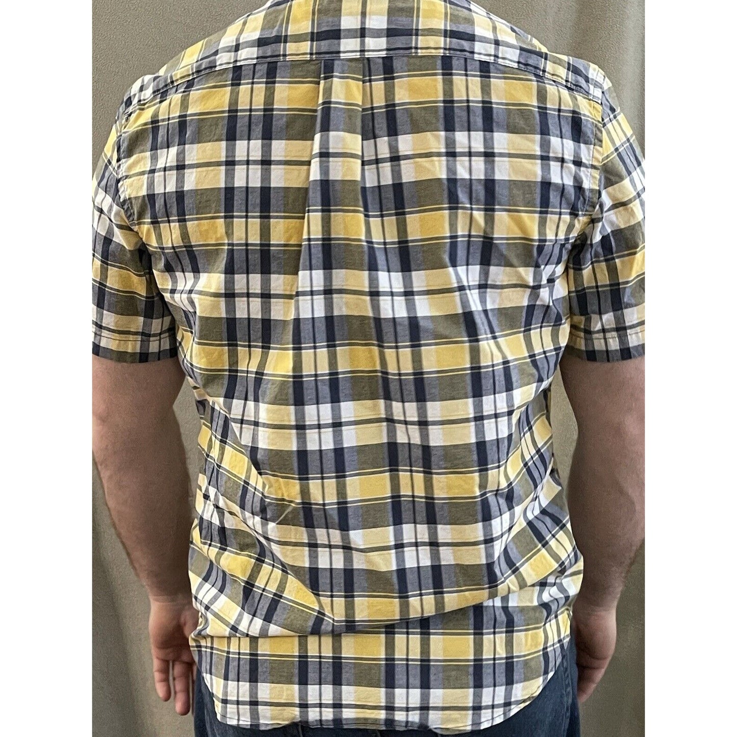 Old Navy Men’s Classic Shirt Stretch Built In Flex Yellow Blue Plaid Large