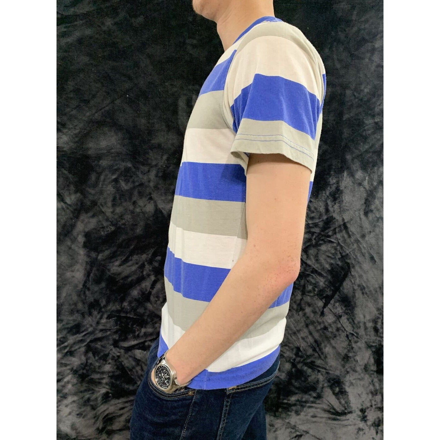 OP Ocean Pacific Gray, White, Blue Stripes Men’s Small V-neck T-shirt