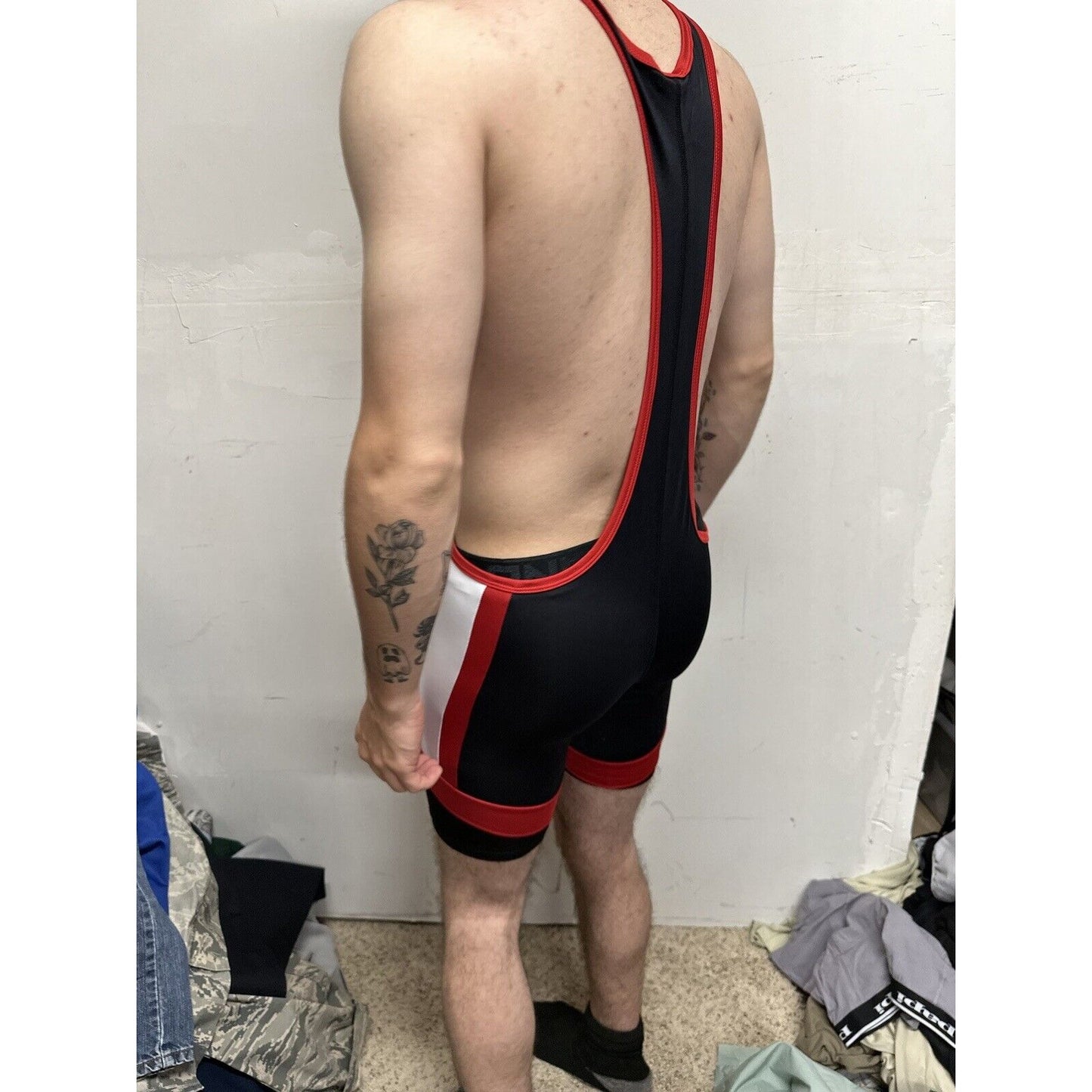 Men’s Tauwell Wrestling Singlet Black And Red With White Large