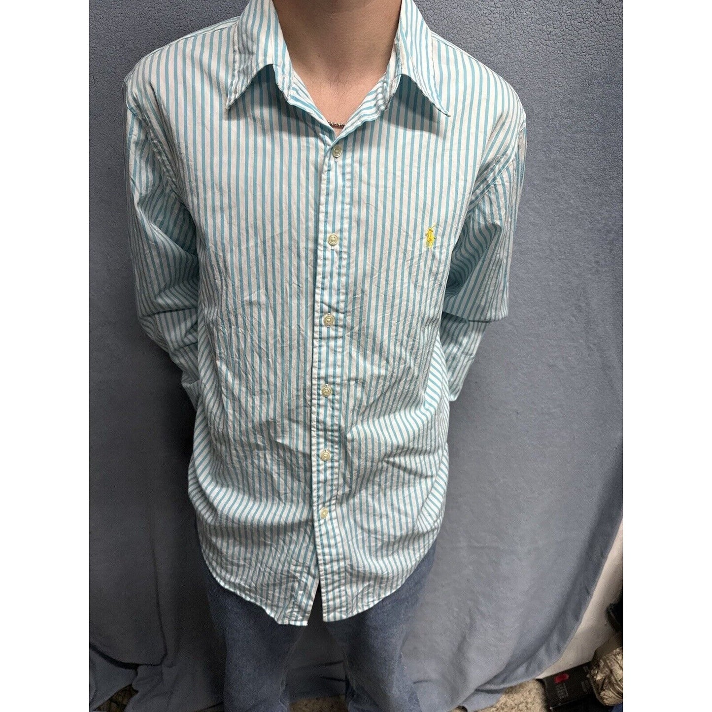 Men’s Teal And White Striped XL Button Up Long Sleeve Ralph Lauren Shirt