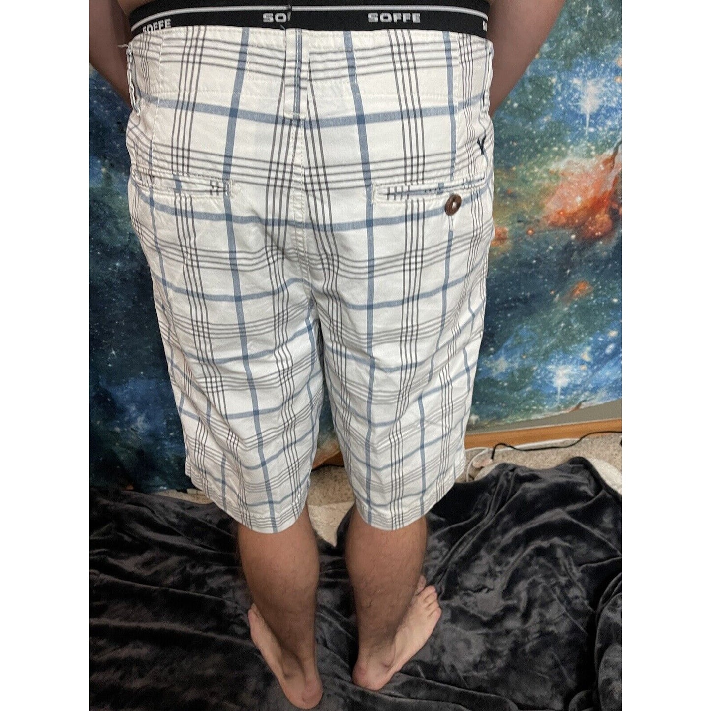 Men’s American Eagle Size 31 White Blue Plaid Longboard Shorts