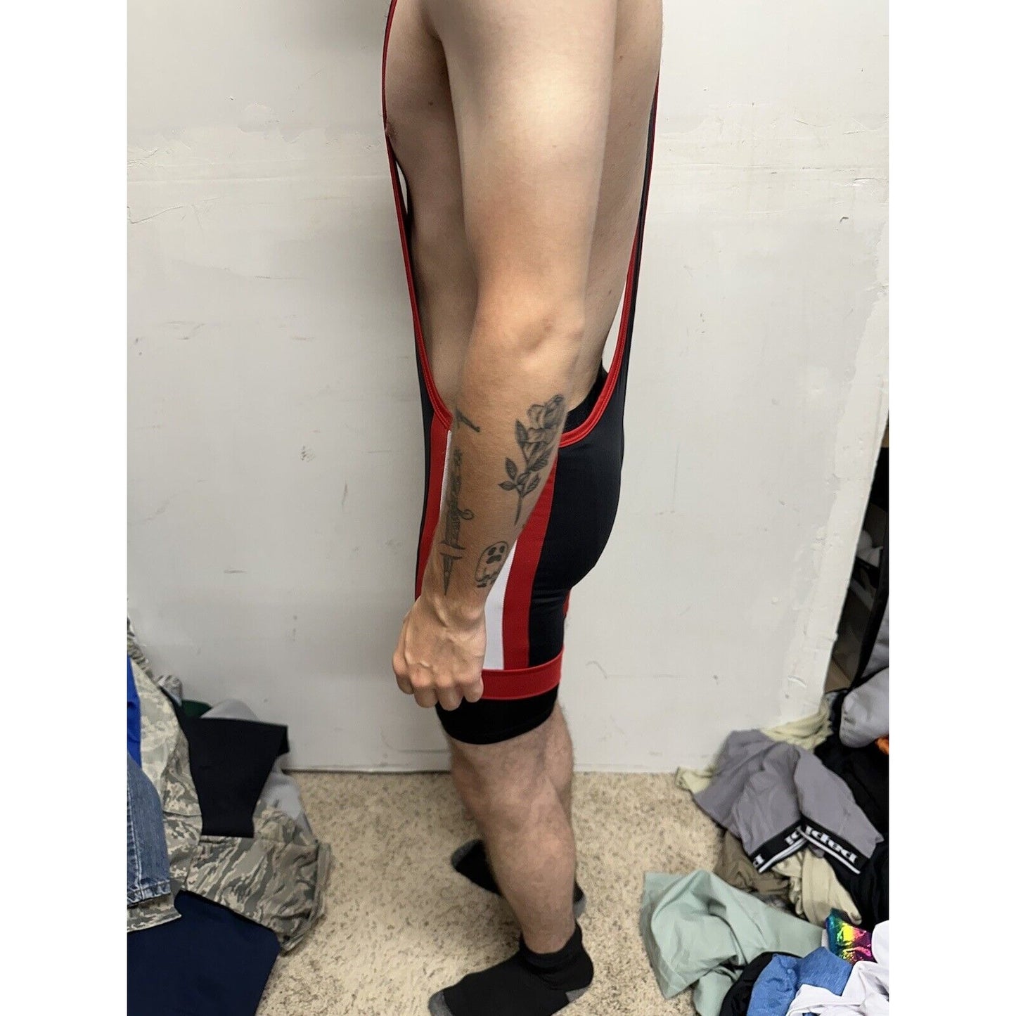 Men’s Tauwell Wrestling Singlet Black And Red With White Large