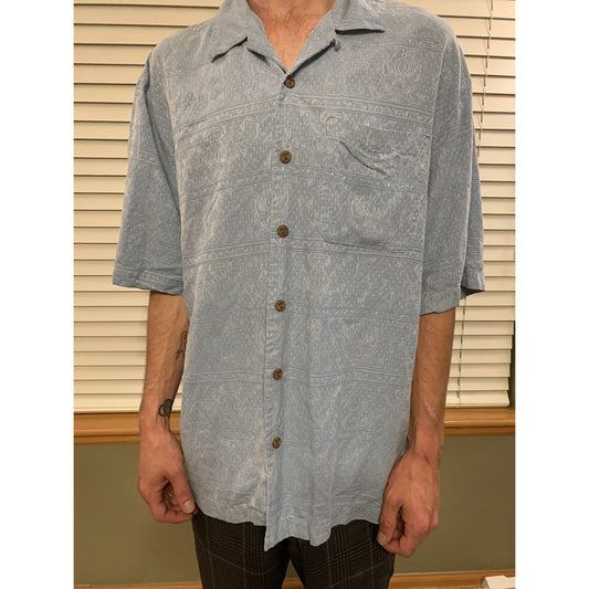 Jamaica Jaxx Men's Button Front Shirt Blue Size Large Embroidered 100% Silk