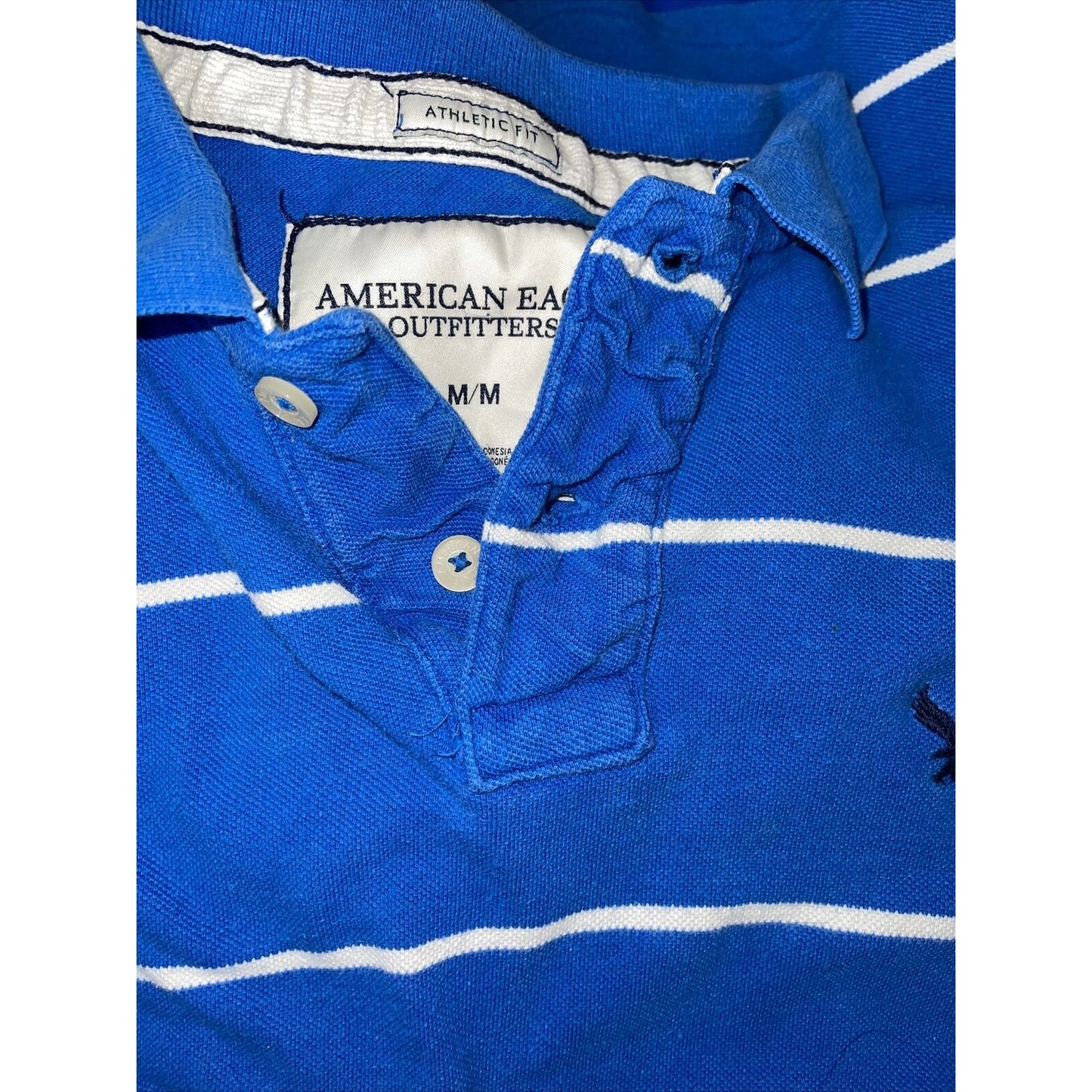 American Eagle Mens Polo Shirt Medium M Blue White Striped Short Sleeves Vintage