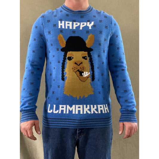 Tipsy Elves Men’s Large Blue “Happy Llamakkah” Holiday Acrylic Pullover Sweater