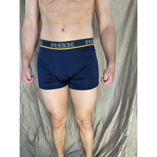 men's blue rbx compression boxer briefs yellow line on band Medium