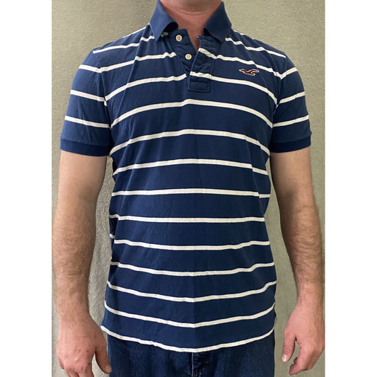 Hollister Men’s XL Midnight Blue & White Stripes Cotton Polo Shirt