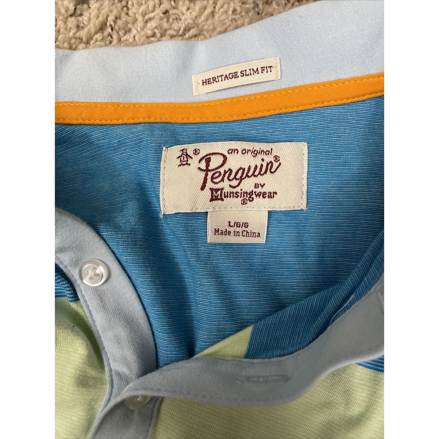 PENGUIN By Munsingwear 3 Button SS Polo Shirt Gree/Blue Large Heritage Slim Fit