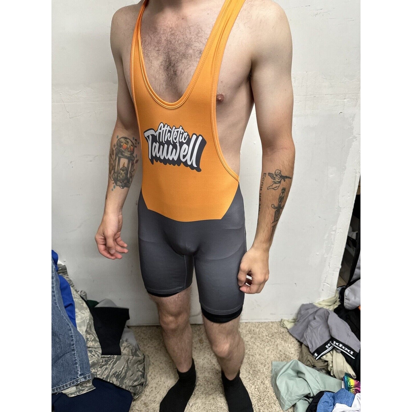 Men’s Large Orange And Gray Tauwell Athletic Wrestling Singlet