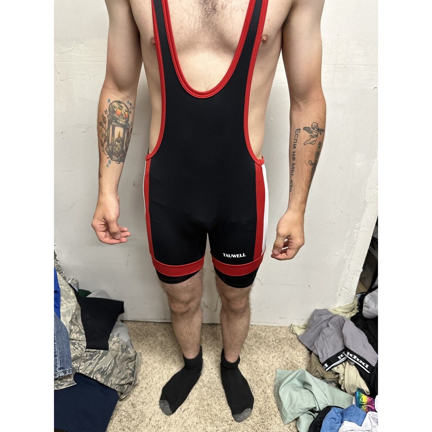 Men’s Tauwell Wrestling Singlet Black And Red With White Large