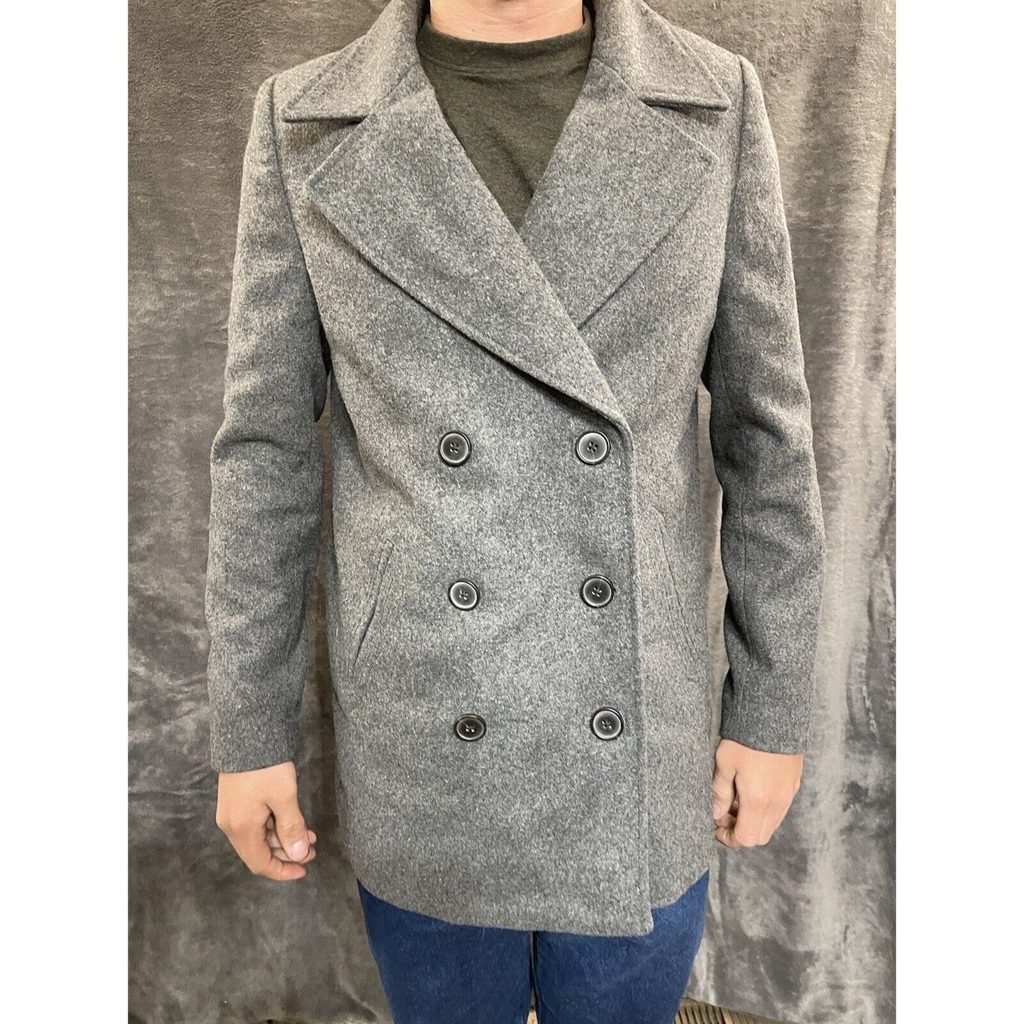 men's small gray old navy overcoat wool poly blend