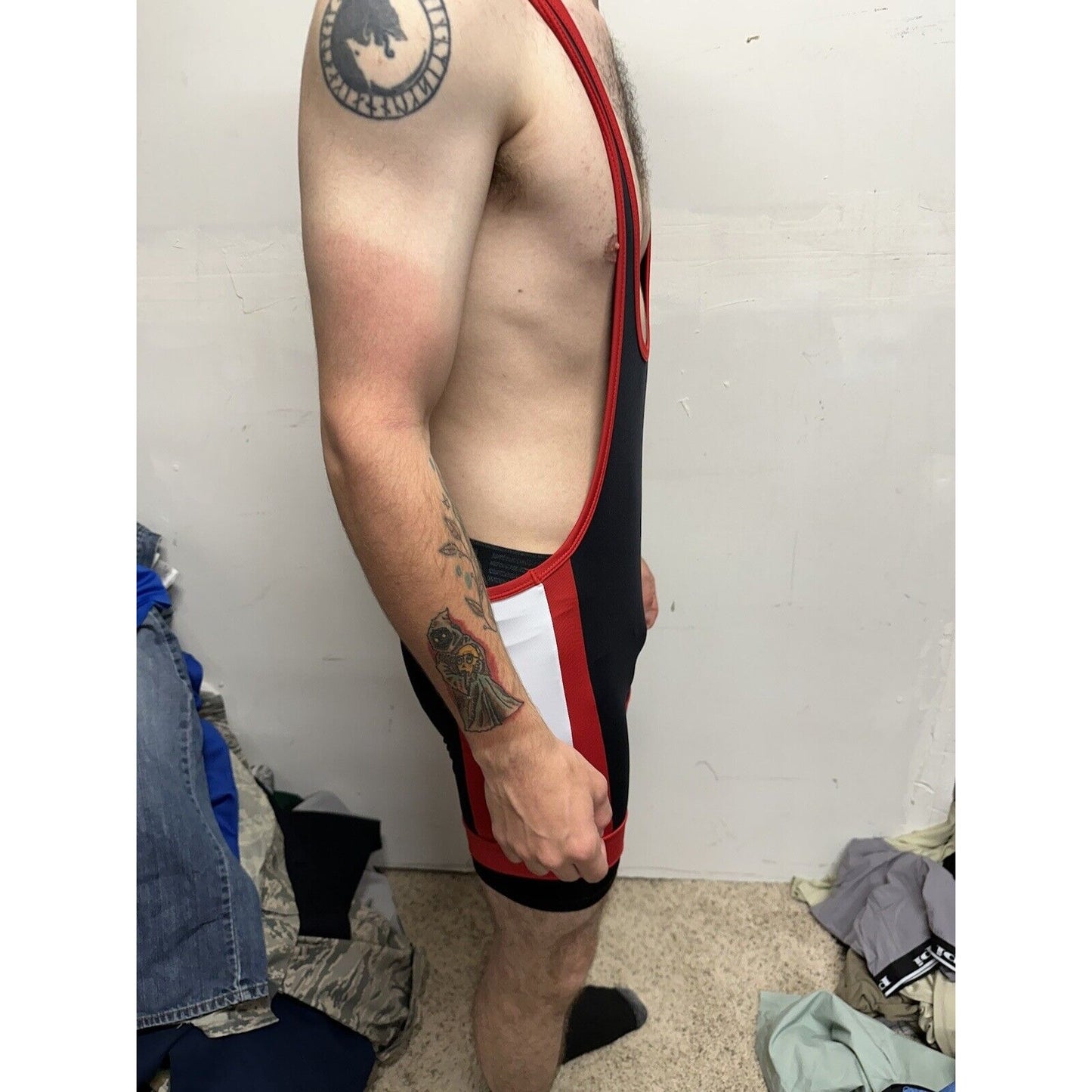 Men’s Tauwell Wrestling Singlet Black And Red With White Large