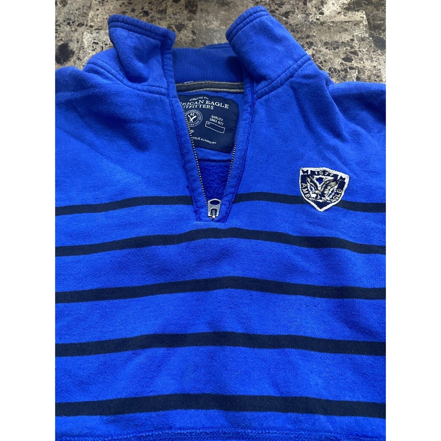 American Eagle Outfitters Royal Blue Striped Mens Small 1/4 Zip Pullover Sweater