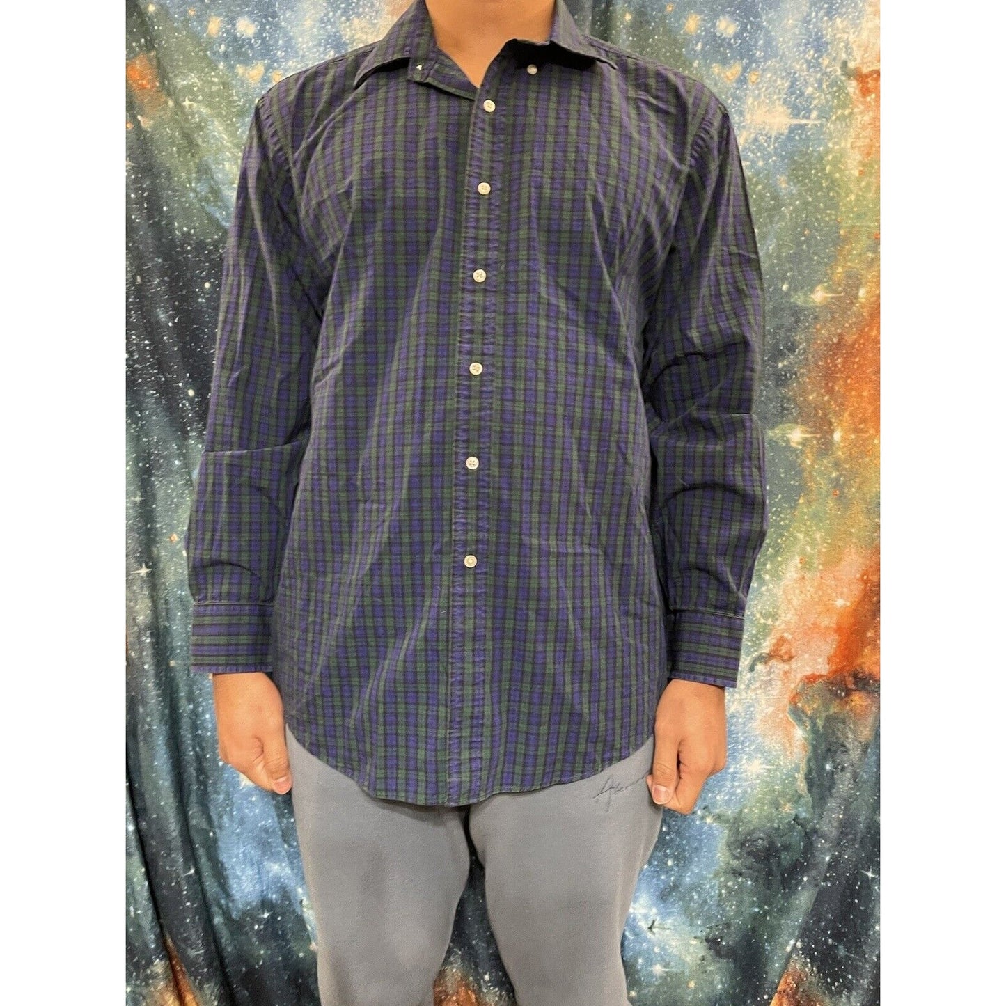 Men’s Tommy Hilfiger Button up plaid blue green regular fit 16.5 long sleeve